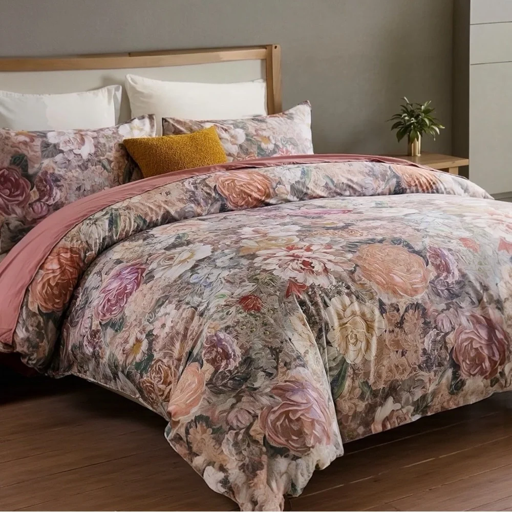 NEW Anthro Pink Floral Multicolor Queen / King Cotton Bedding Duvet & Sham Set